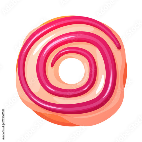 Cartoon donut with pink glaze and spiral icing decoration. Sweet dessert illustration for bakery, confectionery, snack, packaging, menu design, food projects, and creative decoration.