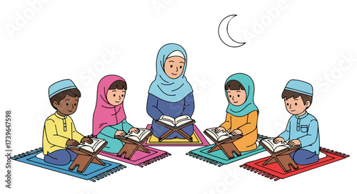 Diverse Muslim Children Learning Quran with Teacher Under Crescent Moon
