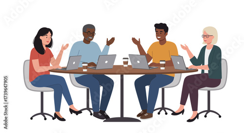 Diverse group of people collaborating around a table with laptops, illustrating teamwork and modern business discussions