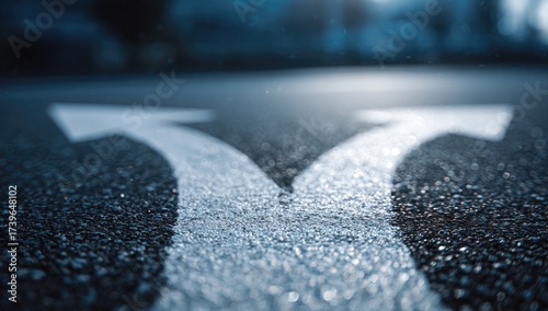 Close-up of asphalt road with white arrows indicating two diverging directions