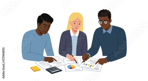 Diverse professional team collaborating on strategic business analysis, reviewing financial reports and data for informed decision-making and efficient project management across various sectors