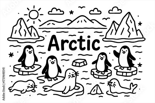 Arctic Doodle Scene. Doodle arctic landscape with penguins, seals, and icebergs, center word “Arctic” in black and white isolated