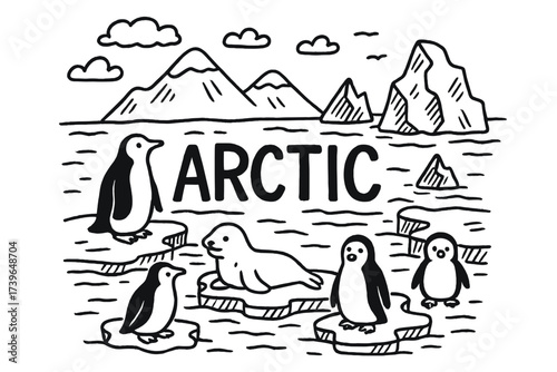 Arctic Doodle Scene. Doodle arctic landscape with penguins, seals, and icebergs, center word “Arctic” in black and white isolated