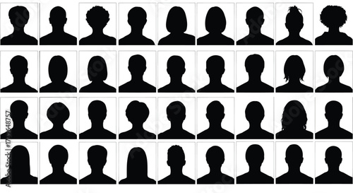 Vector illustration of collection of diverse human profile silhouette icons, representing various hairstyles and genders