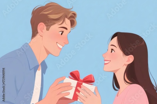 Man Gives Gift to Woman with Joyful Smiles