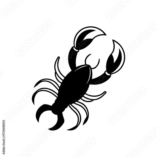 Silhouette of a crustacean with prominent claws and multiple legs in a simple vector illustration on transparent background