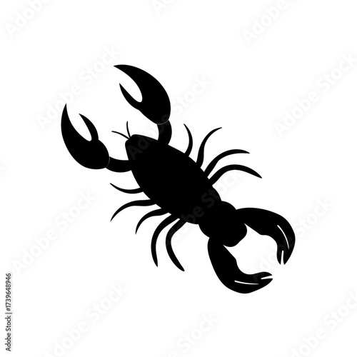 A silhouette of a lobster with large claws and many legs isolated on a white background in a simple style on transparent background