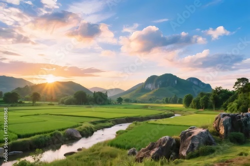 Green Rice Field River with Mountain Scenery