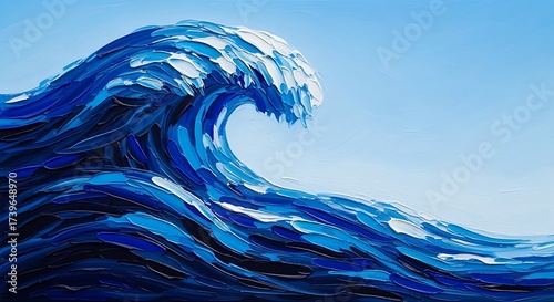 Abstract ocean wave painting with vivid blue and white colors and texture