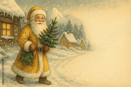 Vintage Christmas postcard illustration with Santa Claus in golden coat holding a fir branch in snowy mountain village, warm glowing windows in winter night. Illustration by Generative AI