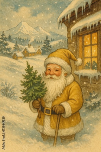 Vintage Christmas postcard illustration with Santa Claus in golden coat holding a small Christmas tree in snowy mountain village, warm lights in cabin window. Illustration by Generative AI
