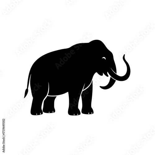 Silhouette of a woolly mammoth standing with its curved tusks and small tail on a white background on transparent background