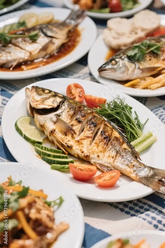 Grilled Fish on Plate with Garnish and Tomato