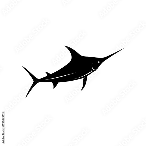 Silhouette illustration of a marlin fish with a long bill and prominent dorsal fin swimming in the ocean on transparent background