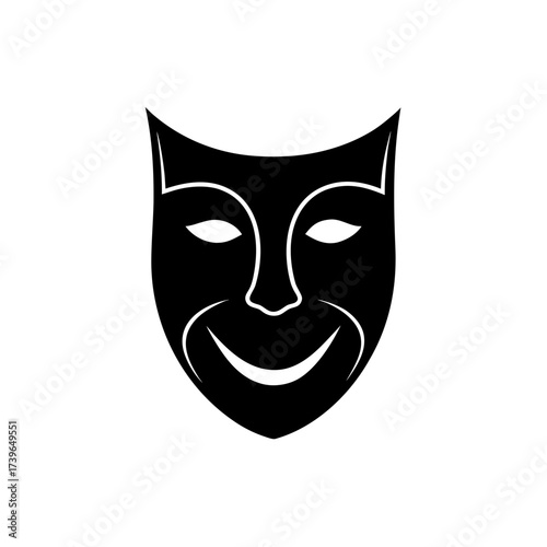 Illustration of a black and white theatrical comedy mask with a smiling expression and simple line art on transparent background silhouette