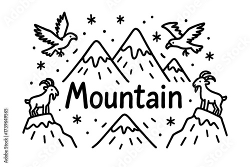 Snowy Mountain Doodle. Doodle snowy mountain with goats, eagles, and snowflakes, center word “Mountain” in black and white