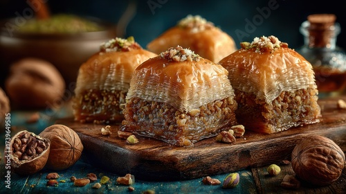 Assorted traditional Middle Eastern baklava pastries with crunchy nuts and honey on rustic wooden board with scattered walnuts and blurred background