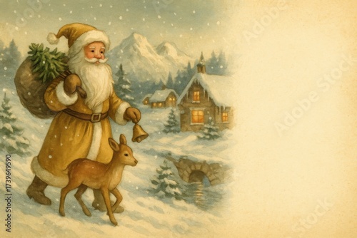 Vintage Christmas postcard with Santa Claus in golden coat walking with deer, holding bell and sack, snowy mountain village with warm glowing lights. Illustration by Generative AI