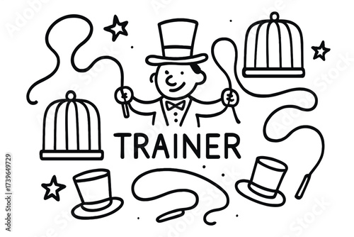 Doodle Animal Trainer. Doodle animal trainer with whips, hats, and cages, center word “Trainer” in black and white isolated