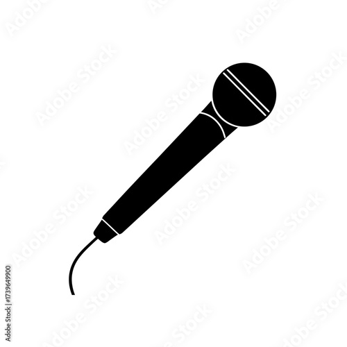 Illustration of a black microphone with a cord set against a plain white background in a simple style on transparent background silhouette
