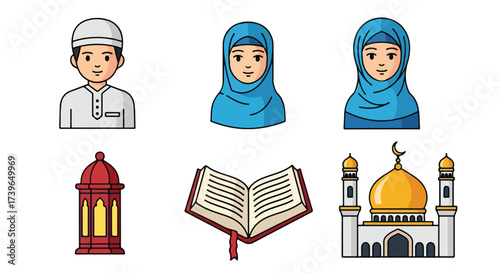 Set of Islamic Icons Man Women in Hijab Lantern Quran Mosque Muslim Culture and Religion Vector Illustrations