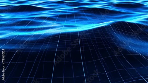 Abstract blue digital grid waves flowing in a futuristic landscape