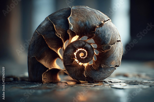 Intricate spiral shell illuminated from within rests on a textured surface in soft light