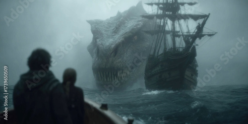 Giant sea monster attacks medieval galleon ship in open sea amidst stormy skies