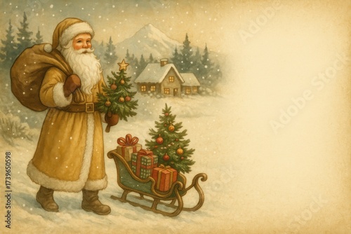Vintage Christmas postcard with Santa Claus in golden robe holding a decorated tree, sleigh with gifts and Christmas tree, snowy winter village in background. Illustration by Generative AI