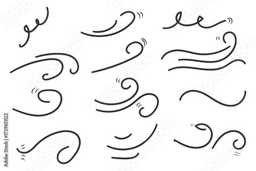 Black and white hand drawn wind air current doodle elements isolated on white background
