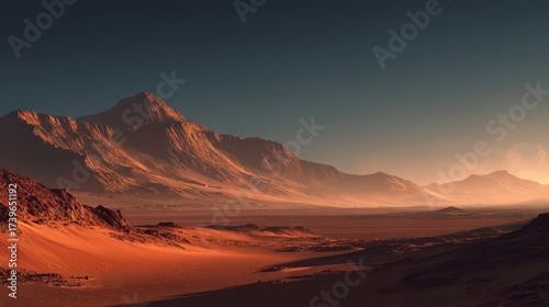 Red desert landscape with mountains and a dark blue sky above. Ideal for illustrating concepts of exploration, isolation, or futuristic scenery.