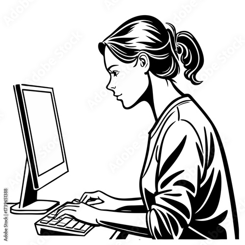 Focused Professional: A digital art illustration presents a young woman absorbed in her work, her attention fixated on a computer screen and keyboard, showcasing productivity and concentration. 