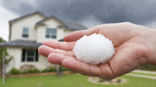 A hand holds a large hailstone during a severe storm with heavy rain falling, a blurred residential house in the background.