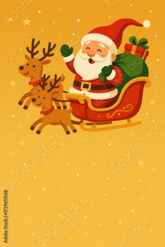 Santa Claus riding sleigh with reindeer carrying gifts on festive golden background, cheerful Christmas and New Year holiday illustration. Illustration by Generative AI