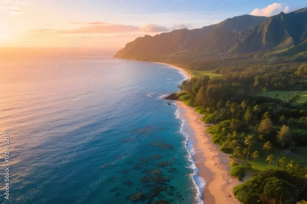 Fototapeta premium Tropical Coastline at Sunset with Lush Green