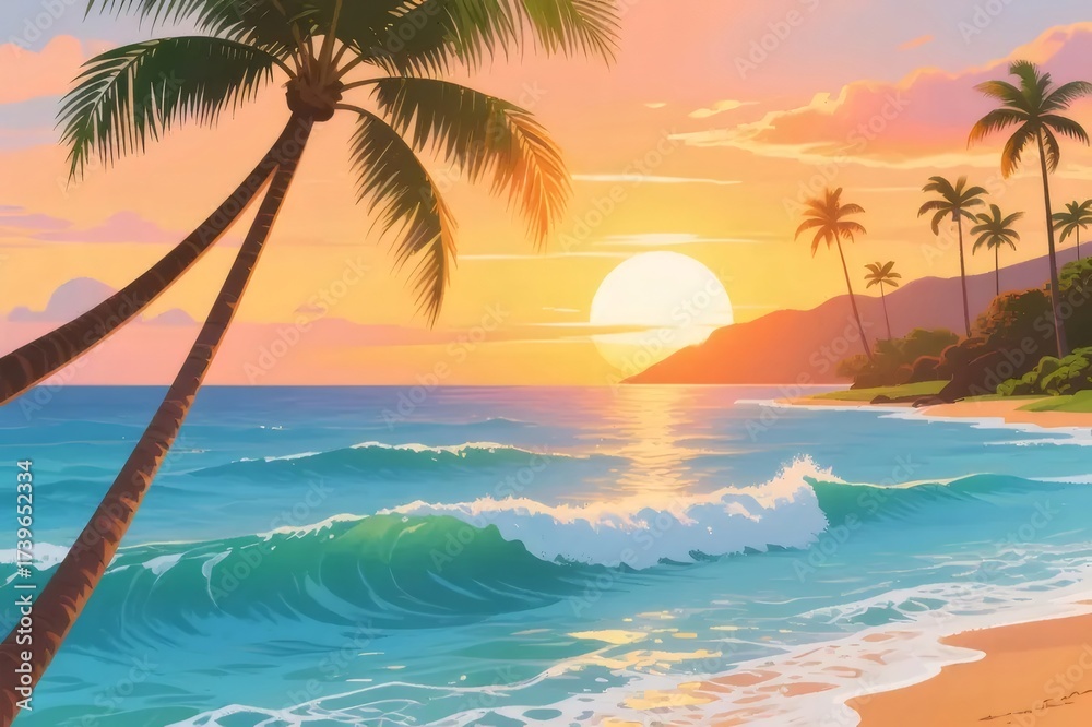 Fototapeta premium Tropical Beach Sunset with Palm Trees and Warm
