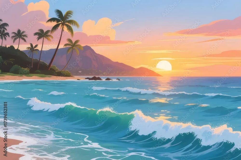 Fototapeta premium Tropical Beach at Sunset with Palm Trees