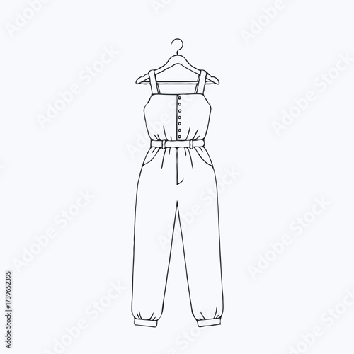 Line drawing of women's jumpsuit on hanger with simple design  