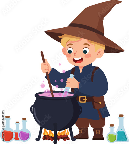 Cute Cartoon Style Little Wizard Boy Brewing Potion Illustration