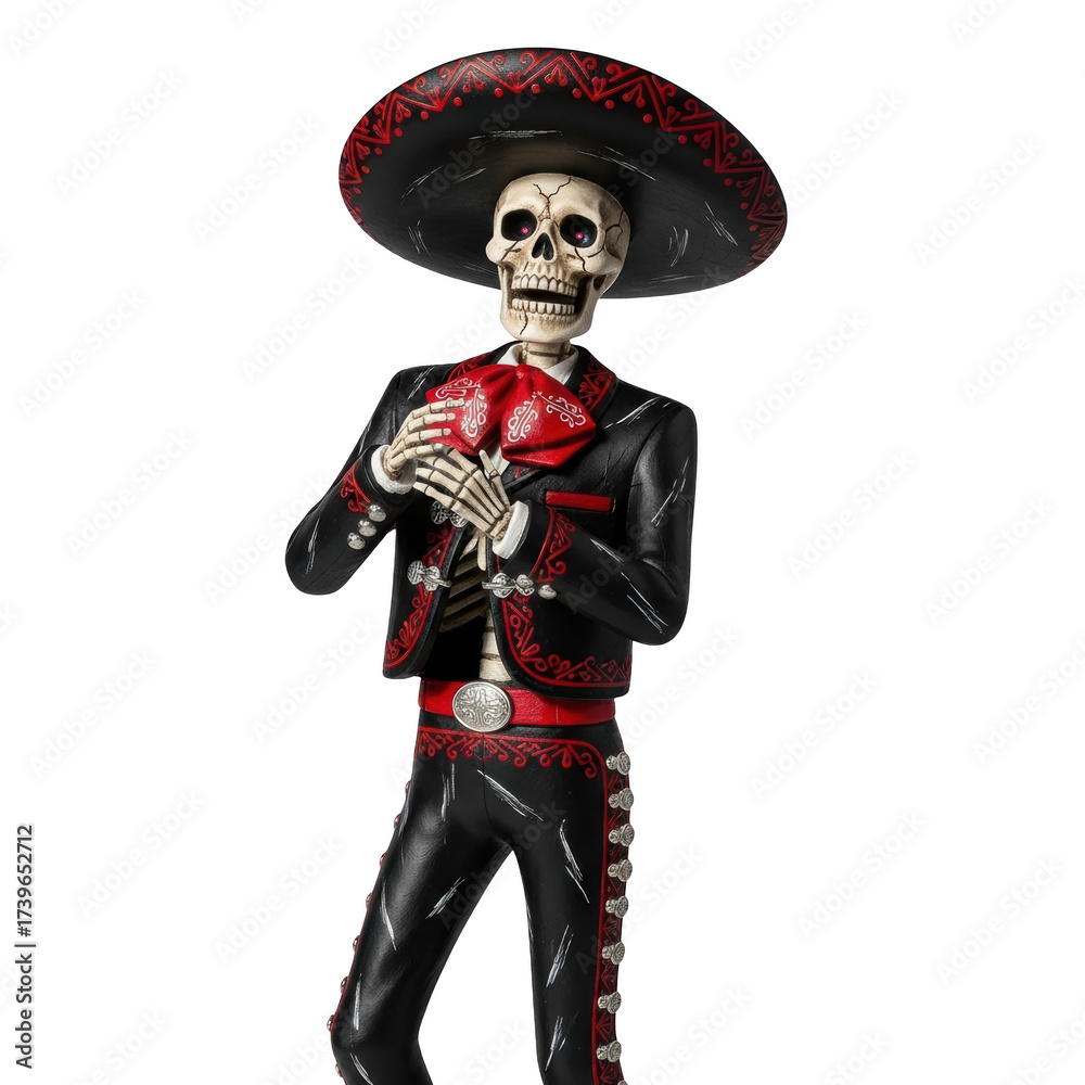 Fototapeta premium Day of the Dead Mariachi Skeleton Figure with Sombrero and Bowtie