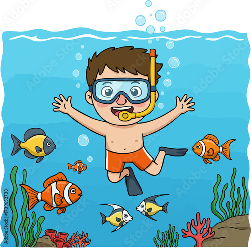 Cartoon Illustration of Young Boy Snorkeling Underwater with Tropical Fish