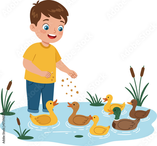 Cartoon Illustration of a Boy Feeding Group of Ducks in Pond Scenery