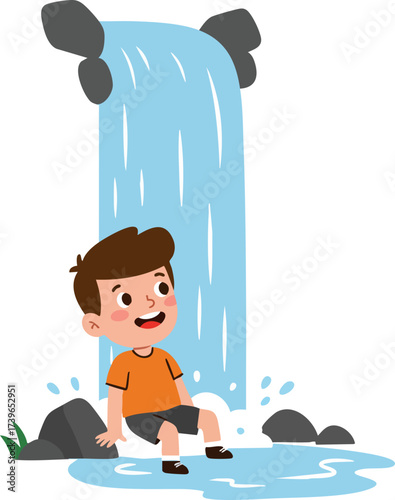 Cartoon Illustration of a Young Boy Enjoying Cool Waterfall Splash