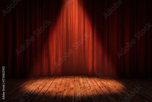Theater stage with red curtains and a wooden floor lit by a single spotlight