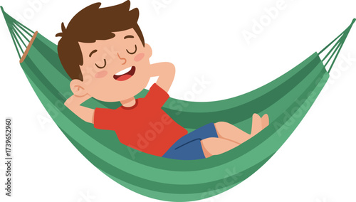 Cartoon Relaxed Boy in Green Hammock Enjoying Vacation Illustration