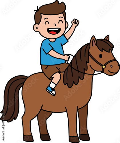 Cartoon Cheerful Boy Riding Brown Pony Animal Character Illustration