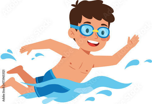 Cartoon Little Boy Swimming Underwater with Goggles in Summer Season