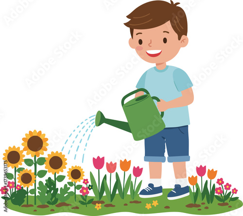 Cartoon Style Cheerful Boy Watering Flowers in Garden Illustration
