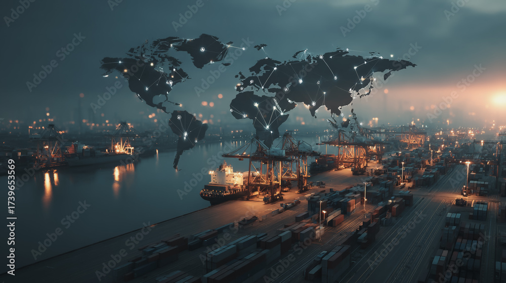 Fototapeta premium Double exposure of Twilight view of Container truck in ship port for business Logistics and transportation of Container Cargo ship and Cargo plane with working crane bridge with Earth and world map