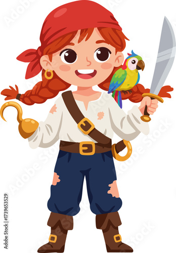 Cute Cartoon Style Little Girl Pirate with Parrot Character Illustration